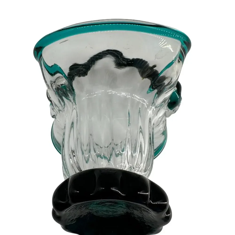 Vintage Hand Blown Art Glass Basket Teal Blue Rim Rope Handle Murano Style